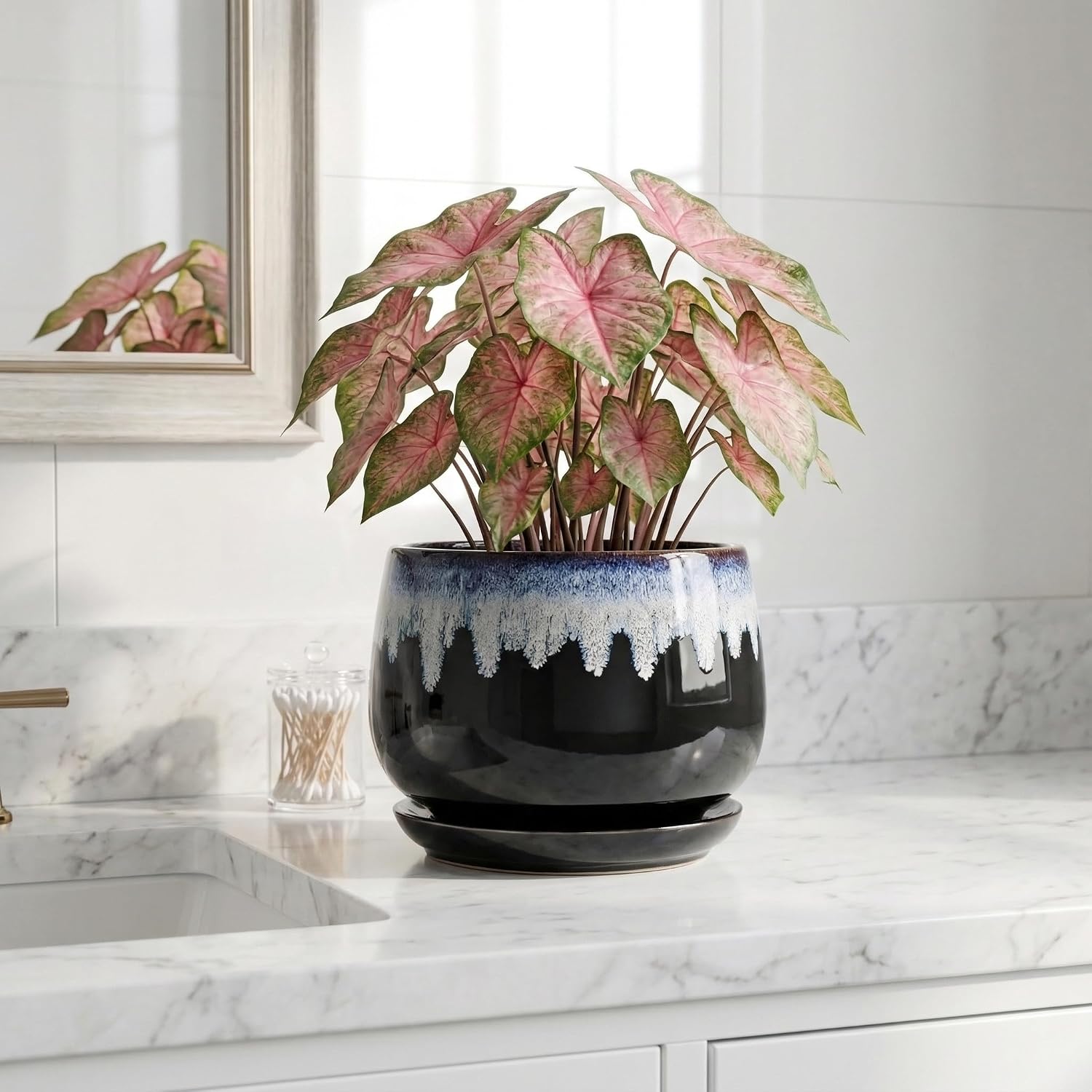Ceramic Plant Pots 7 Inch - Ceramic Planter with Drainage Hole and Saucer, Decorative Flower Pots for Indoor Plants