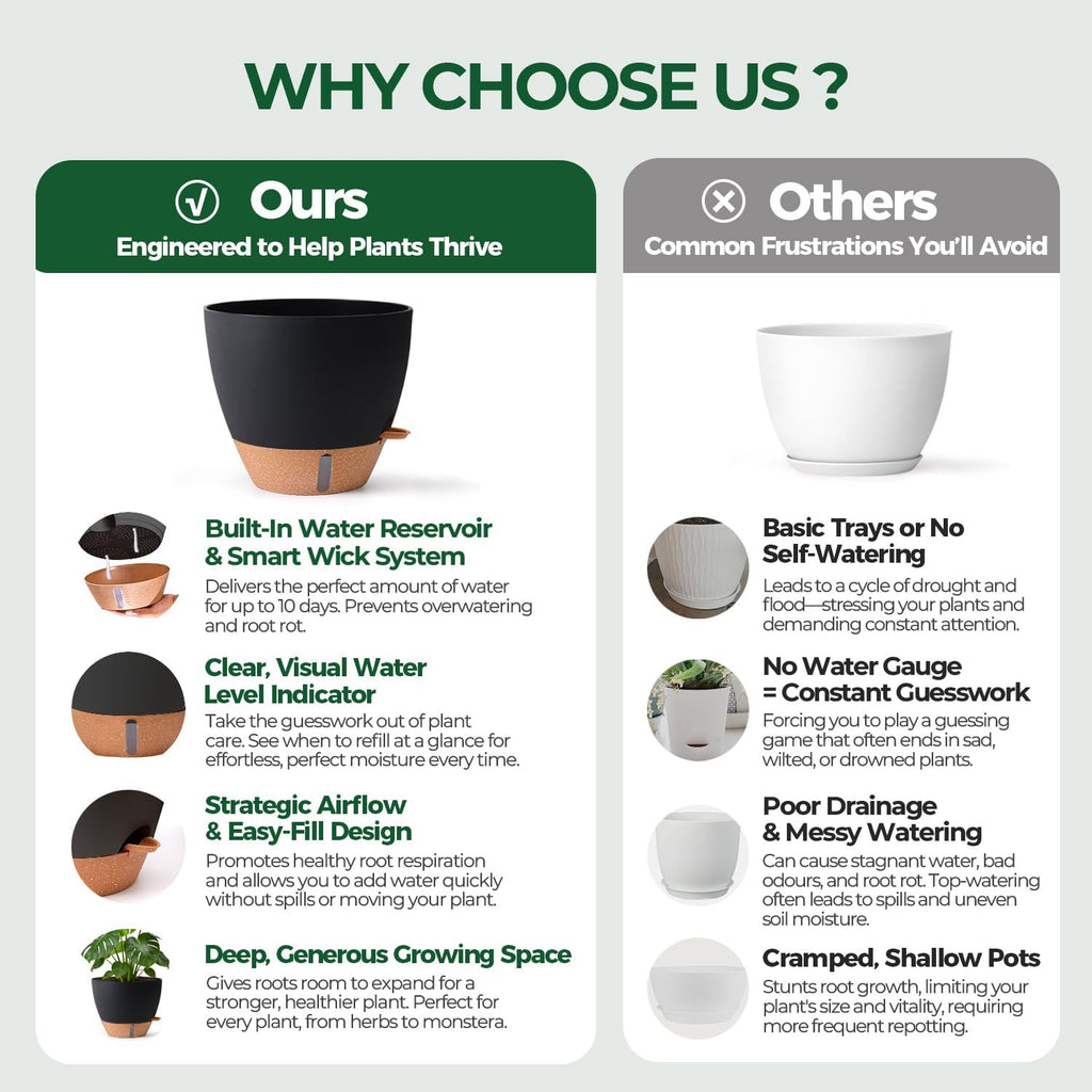 T4U Self Watering Pots for Indoor Plants, 10 Inch, 2 Pack, Black | Visible water level window, Monstera pothos and ZZ