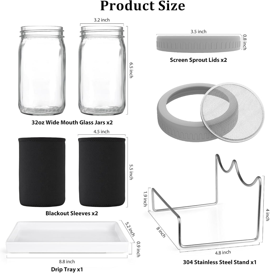 Organic Seed Sprouting Jar Kit – 2 × 32 oz Wide-Mouth Mason Jars with Stainless-Steel Sprouter Lids & Stand, Blackout