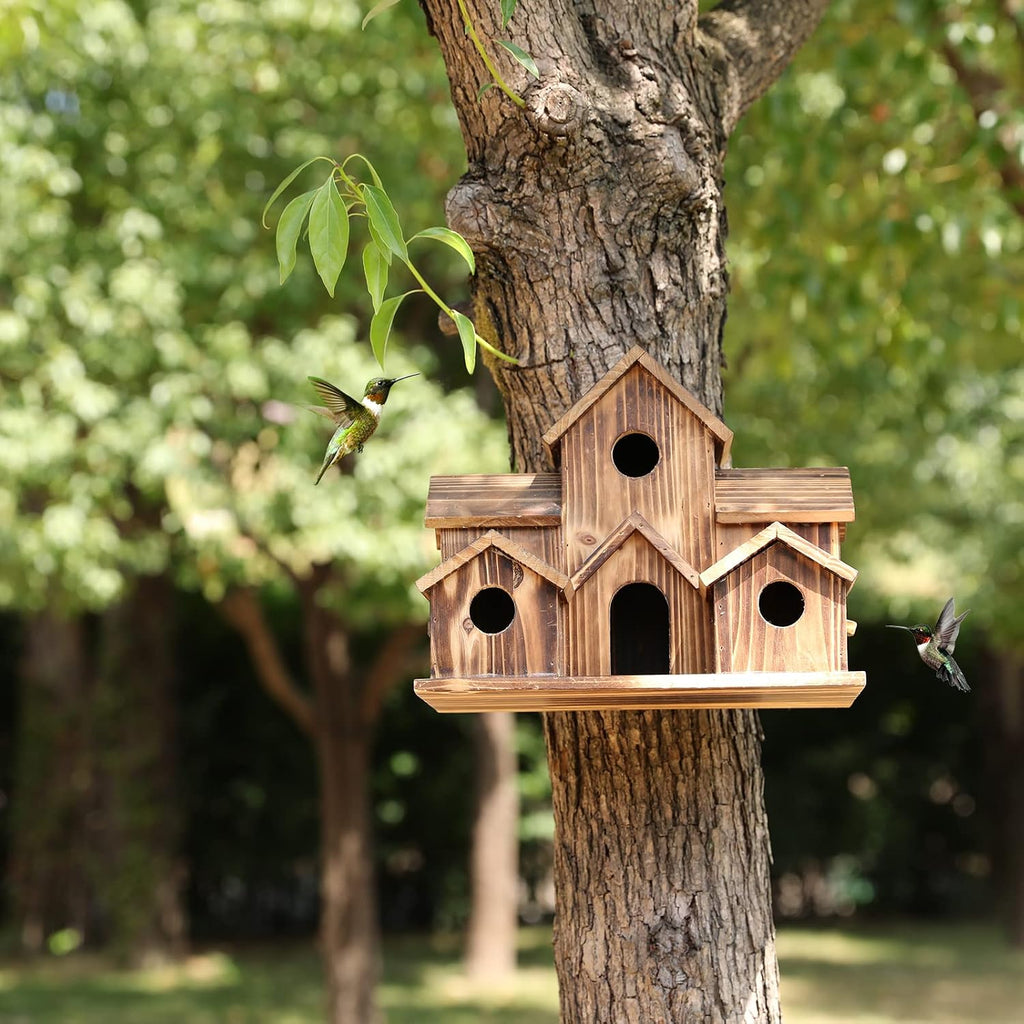 Bird Houses for Outside Hanging,6 Hole Wooden Bird Houses Largel Bird House for Backyard/Courtyard/Patio Decor
