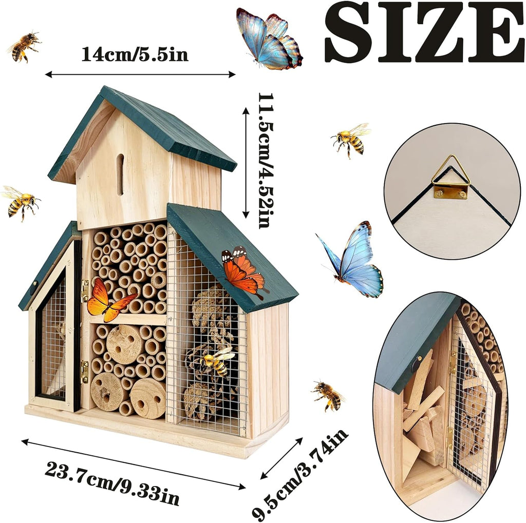 Hanging Bee House 9.5 * 3.7 * 13inch – Wooden Insect House Outdoor Solitary Bee Hive for Garden, Natural Beneficial