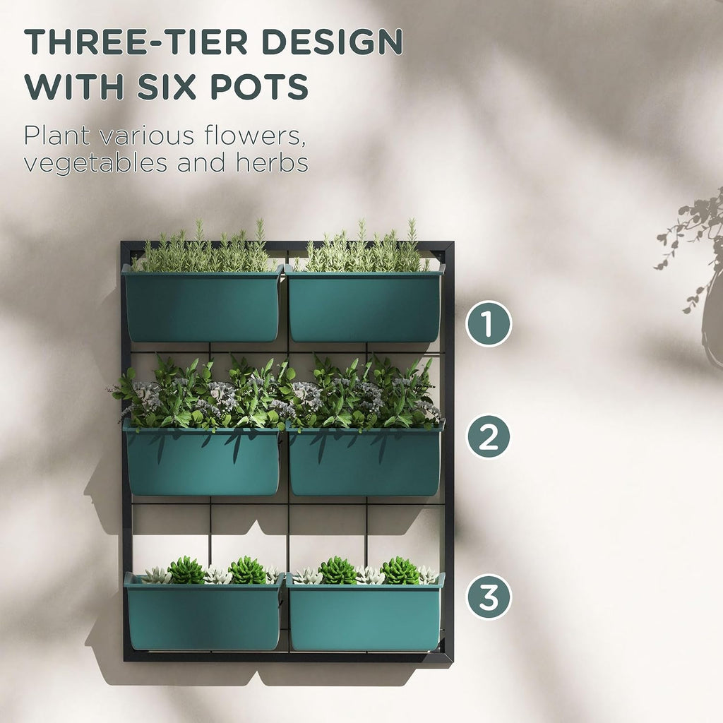 Outsunny 3-Tier Wall Planter w/ 6 Pots, Outdoor Hanging Planter, Green | Indoor Outdoor Use, Self-Draining