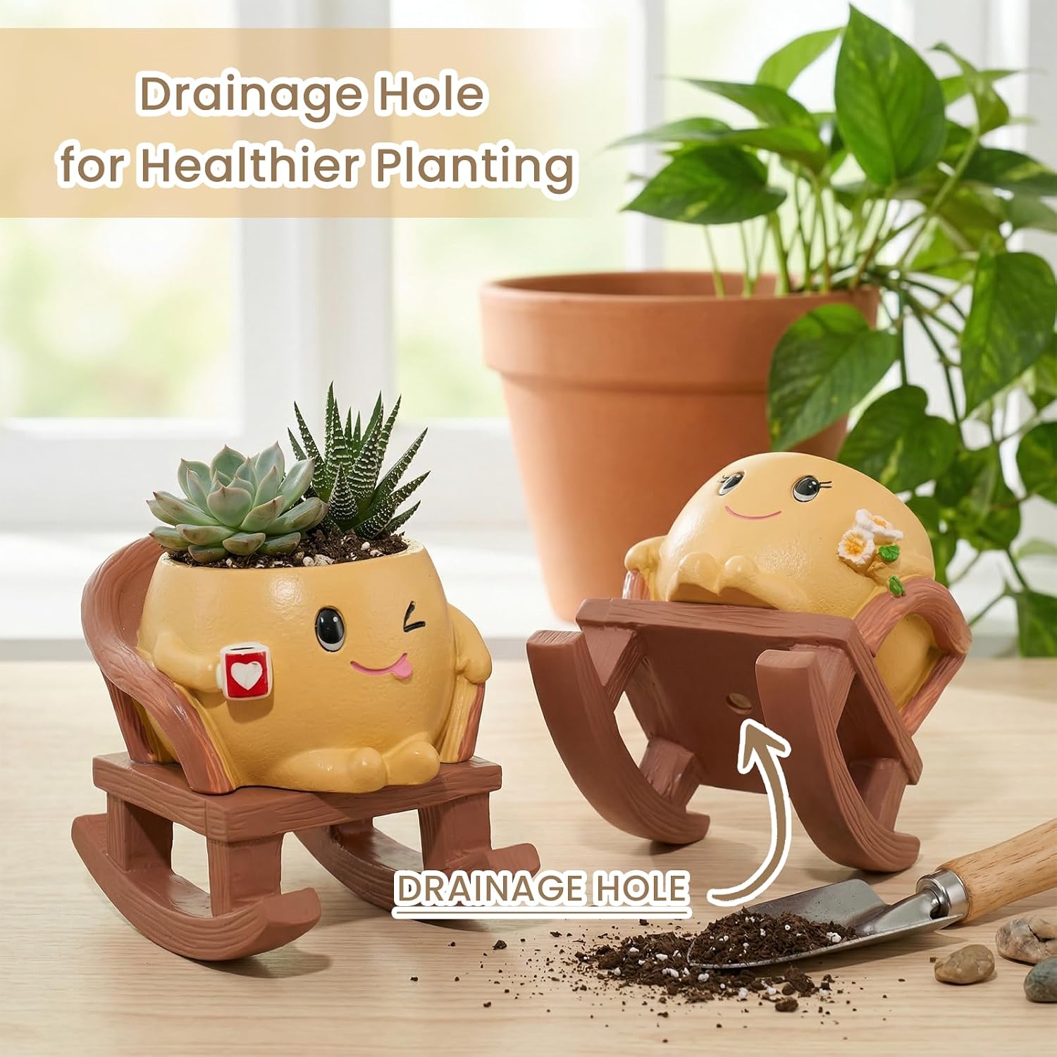 Rocking Chair Planter Set of 2,Small Smiley Face Succulent Pots | Two small flower pots for office desk or shelf with