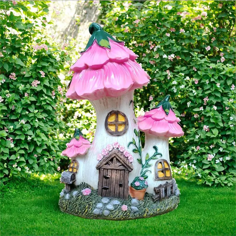 Pink Mushroom House Fairy Garden Statue,7.7 Inches | Resin Whimsical Figurine for Patio, Lawn, Yard, Outdoor & Indoor