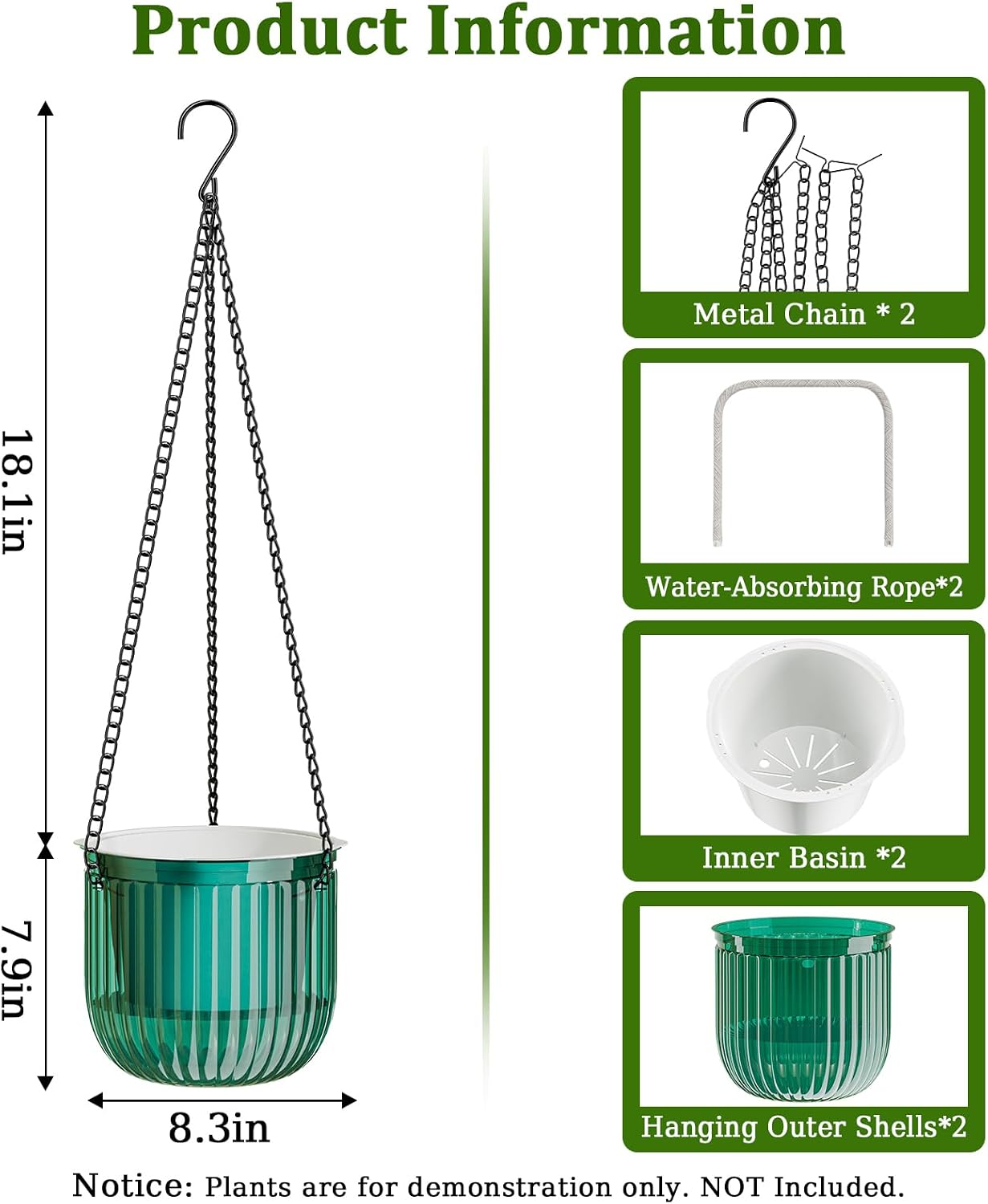 Halatool 2 Pack 8.3 Inch Self-Watering Hanging Planters for Indoor Plants, Outdoor Flower Pots with 2 Metal Chains