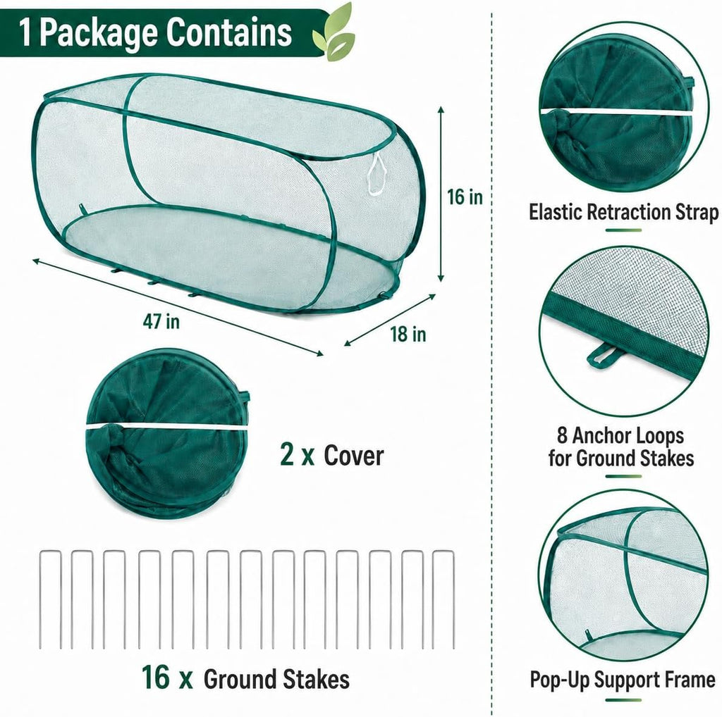 2PCS Pop Up Garden Plant Covers 47" x 18" x 16"-Collapsible Mesh Plant Covers with 30% Sunblock Shade Cloth for Raised