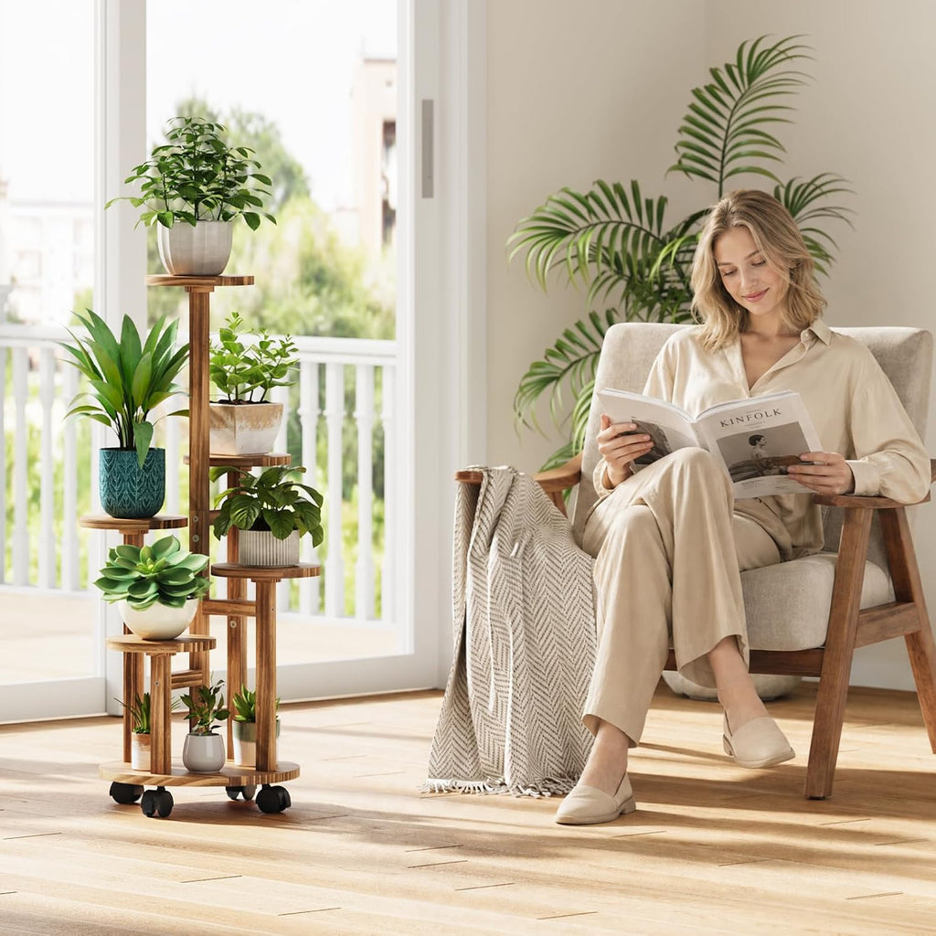 5 Tier Plant Stand - Wood Corner Plant Stand Indoor with 4 Wheels, Tall Plant Shelf for Multiple Pot Flower Stands