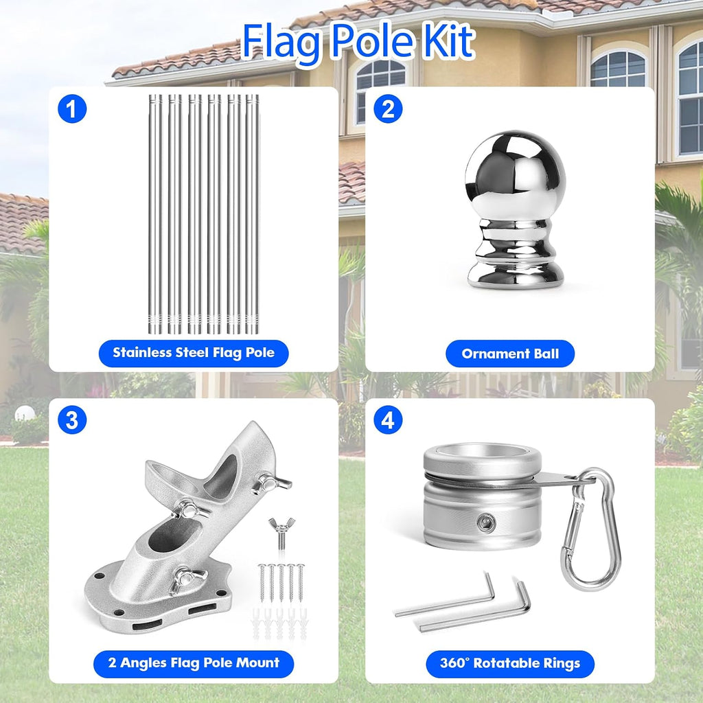 Anovo Flag Pole Kit- Upgraded Holder, Stainless Steel 7 FT Flag Poles with1 Inch Metal 360° Rotating Flag Pole Rings