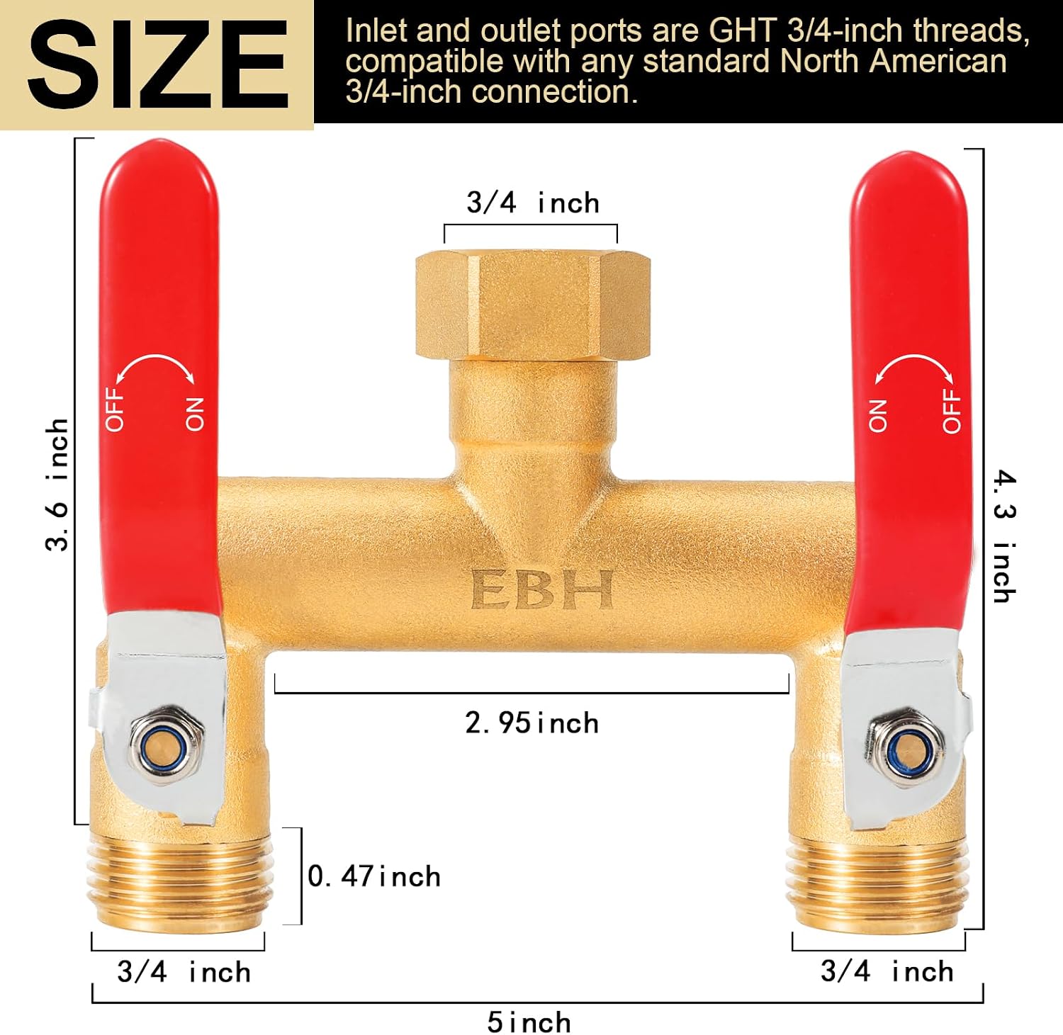 EBH Garden Hose Splitter, 2-Way Full Flow Brass Heavy Duty Outdoor Hose Manifold with Extra Long Handles Shutoff Valves