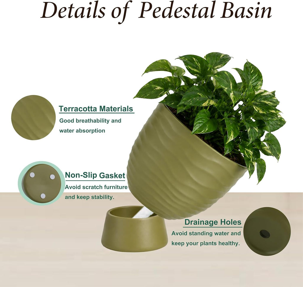 Green Terracotta Self Watering Plant Pots, 6 and 8 Inch with Saucers | Small and large clay flower pots with drainage