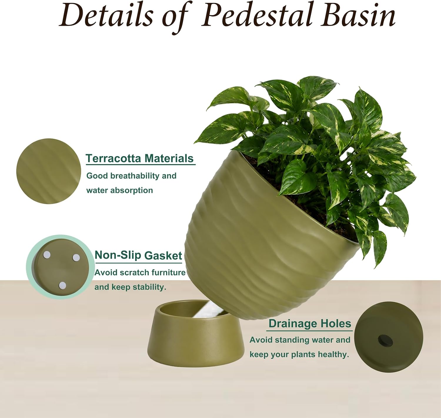 Green Terracotta Self Watering Plant Pots, 6 and 8 Inch with Saucers | Small and large clay flower pots with drainage