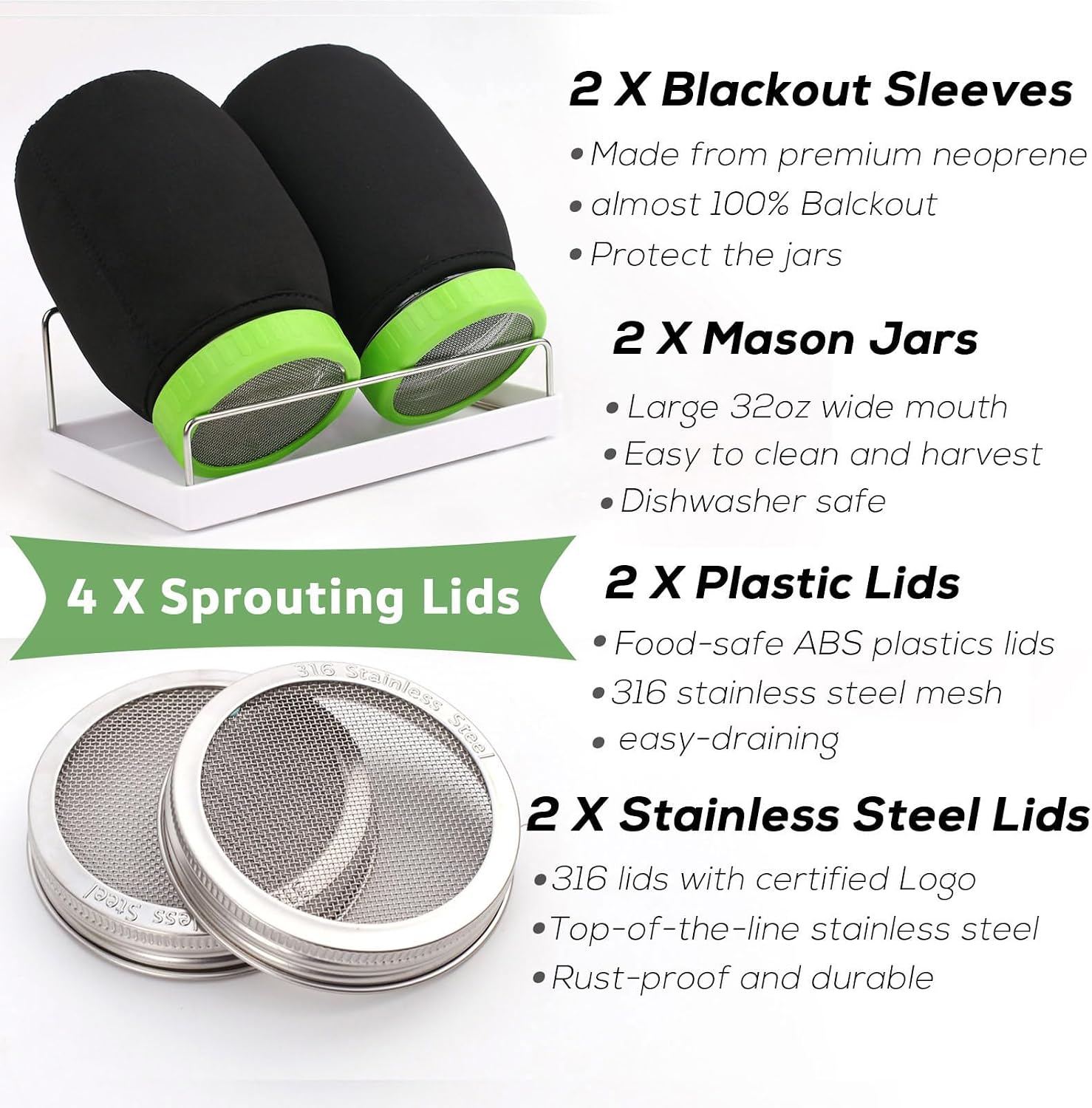 Sprouting Jar Kit| Wide Mouth Mason Jars,Plastic & 316 Stainless Steel Sprout Lids,Tray,Stand| Sprouter Set for Growing
