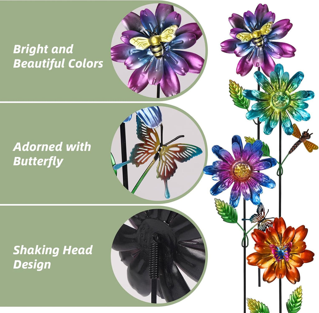 Calenzana Metal Flower Garden Stakes for Outside Set of 4, Flower Garden Decor with Shaking Head for Yard Porch Lawn