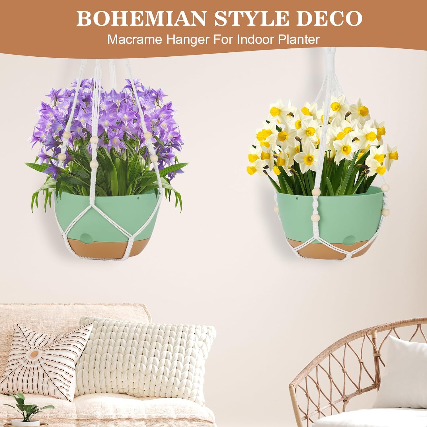 Self Watering Hanging Planter, 3 Pack 10 Inch Macrame Plant Hanger with Flower Pot, Metal Chain, S & Ceiling Hooks