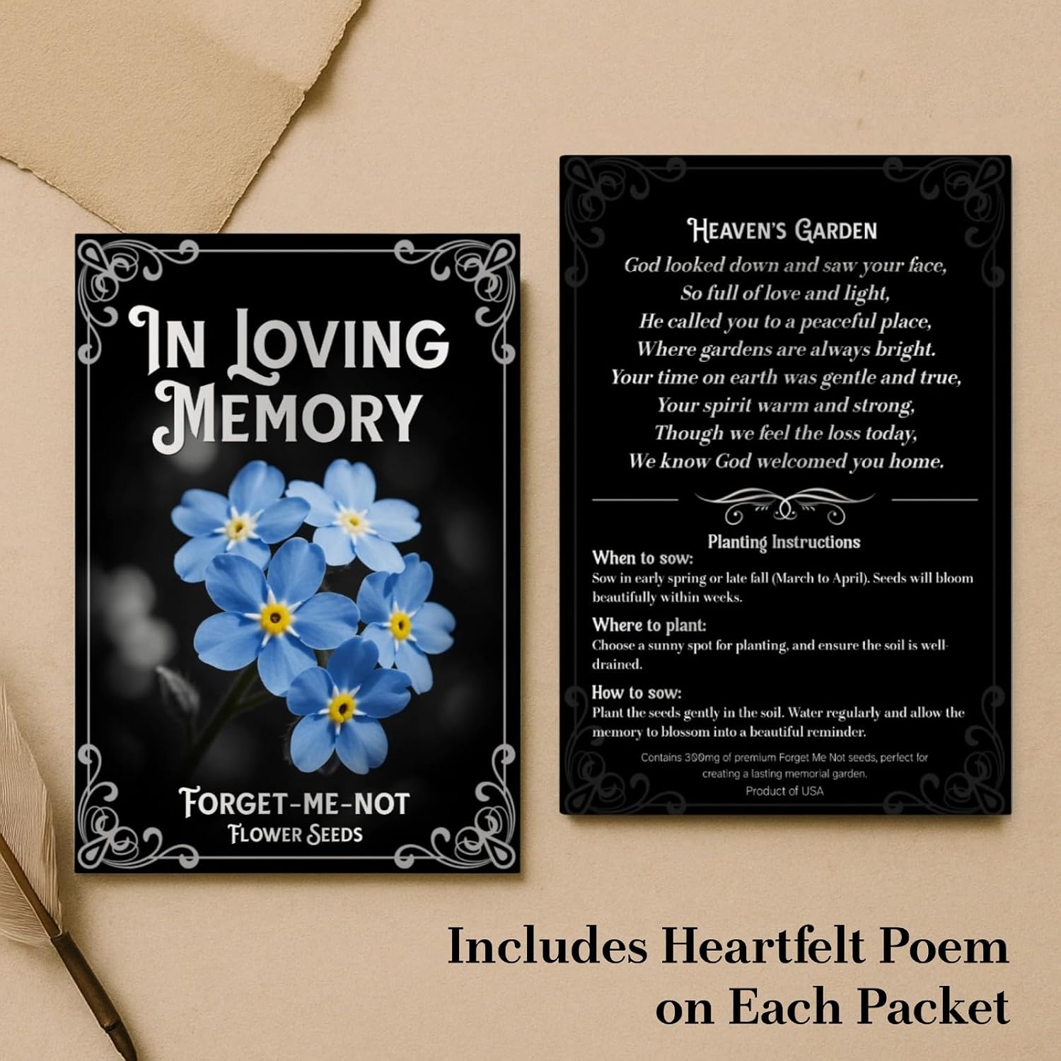 120 Pack Forget-Me-Not Flower Seed Packets for Memorial Services | Printed seed envelopes with poem and planting