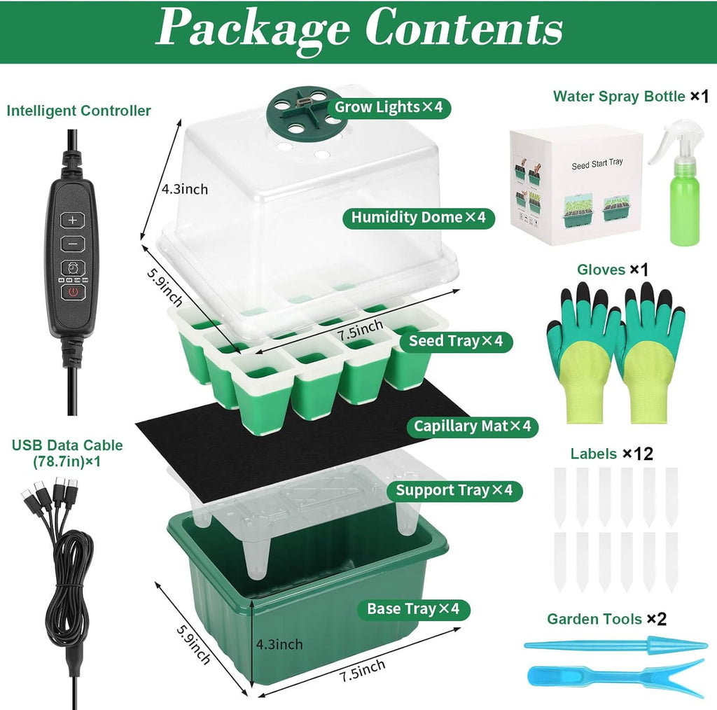 4 Set Self-Watering Seed Starter Tray Kits with Grow Light, Reusable Seed Germination Kit with Adjustable Humidity