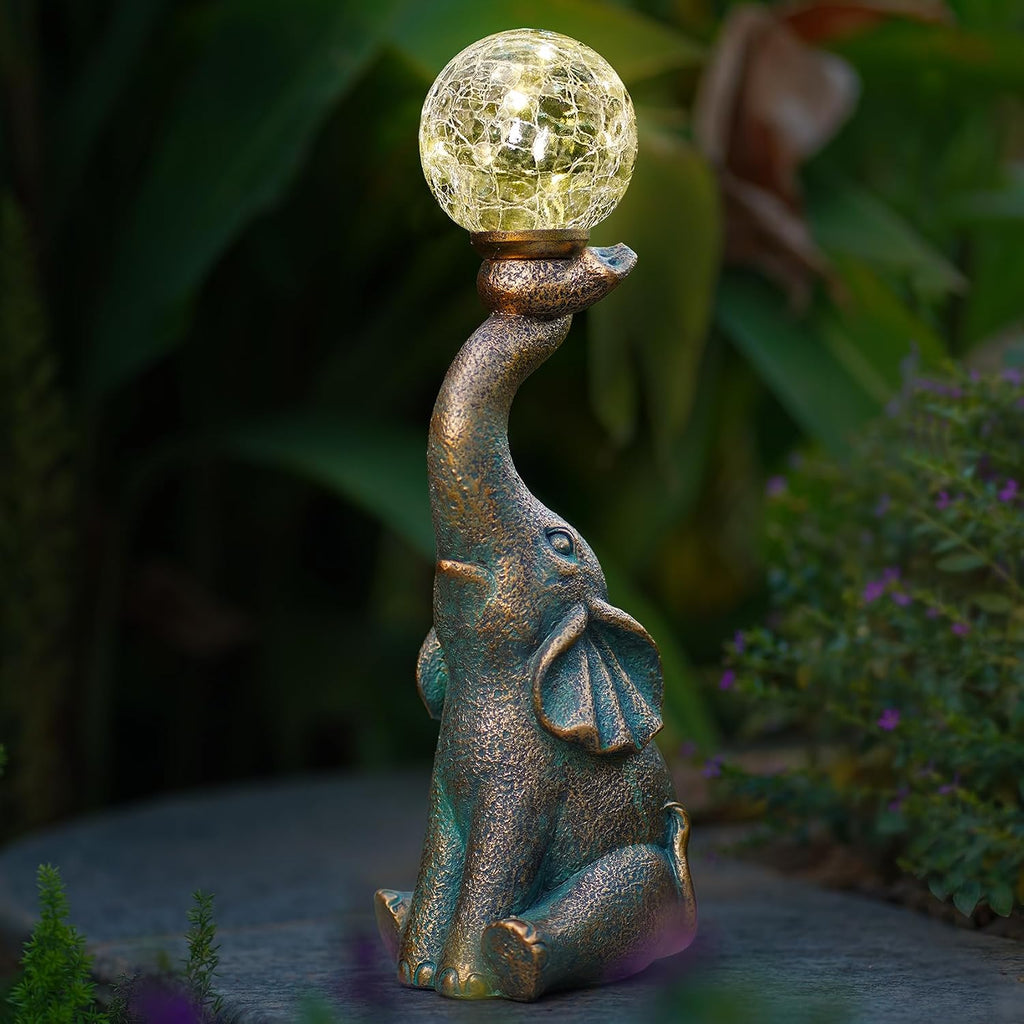 Solar Outdoor Elephant Statue Gifts Garden Decoration Light | 8 LED Crackle Balls Elephant Sculpture for Yard Patio