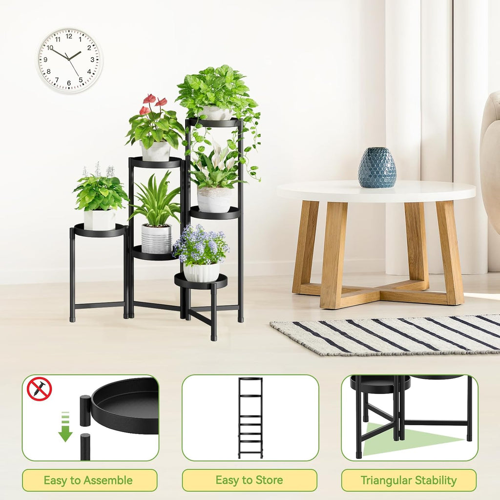 iDavosic.ly Plant Stand Indoor Outdoor, 6 Tier Metal Corner Shelf, Black | Tiered Flower Display Holder, Folding Multi