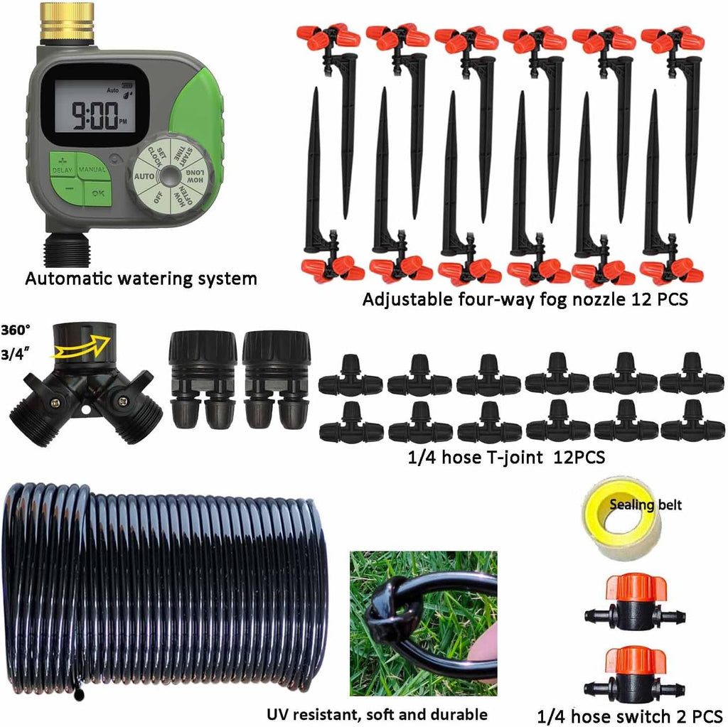 Drip Irrigation Kit Automatic Watering System with Water Timer 64FT 1/4 Tubing and 12 Rain Spray Watering Nozzles in 4
