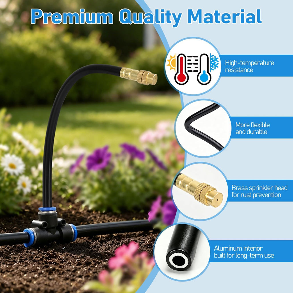 360° Adjustable Drip Irrigation System Kit, 50 FT Garden Watering System with 15 Copper Nozzles, Automatic Misting