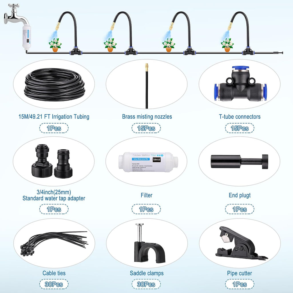 Drip Irrigation Kits Auto Garden Irrigation System Calcium Inhibitor Filter | Includes 50FT 5/16 inch Irrigation Tubing