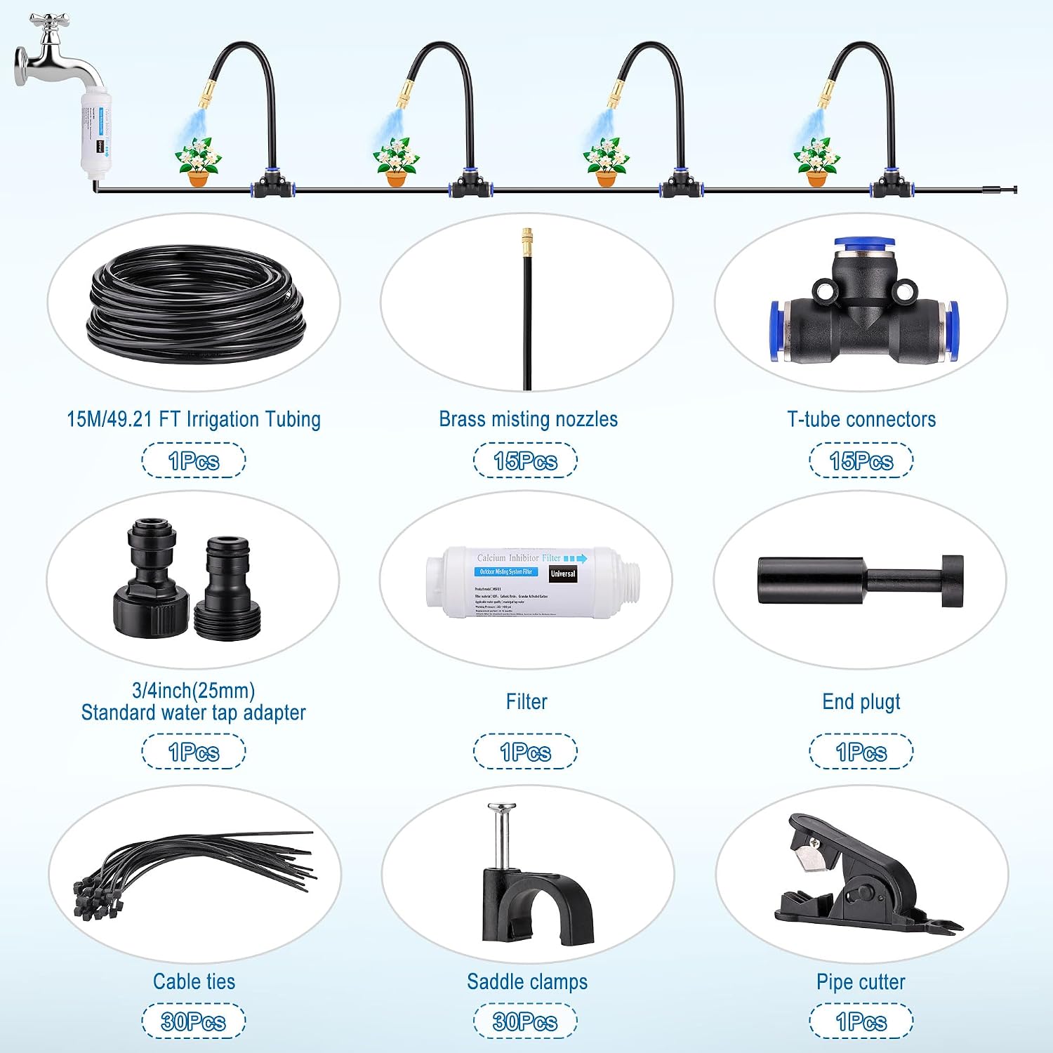 Drip Irrigation Kits Auto Garden Irrigation System Calcium Inhibitor Filter | Includes 50FT 5/16 inch Irrigation Tubing