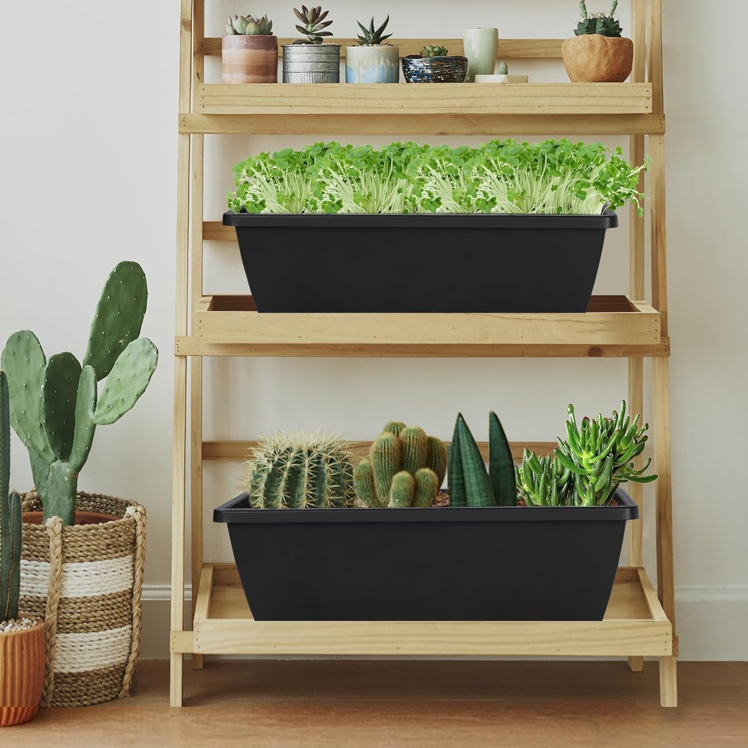 12Pcs 17Inches Rectangle Planter Box with Drainage Holes and Trays | Plastic Planters Flower Boxes Pots for Indoor
