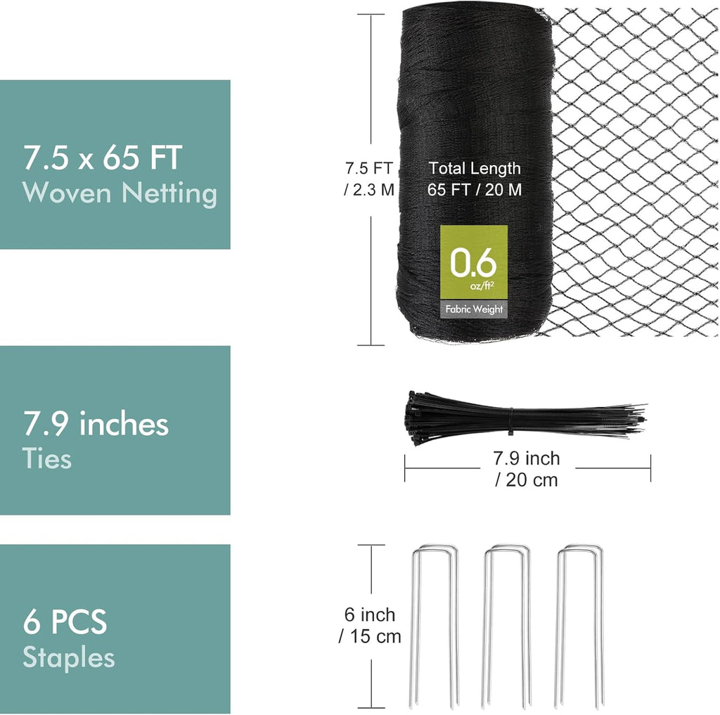 Bird Netting for Garden, Fetanten 7.5 x 65FT Netting for Garden Protection | Heavy Duty Woven Protected Mesh fence for