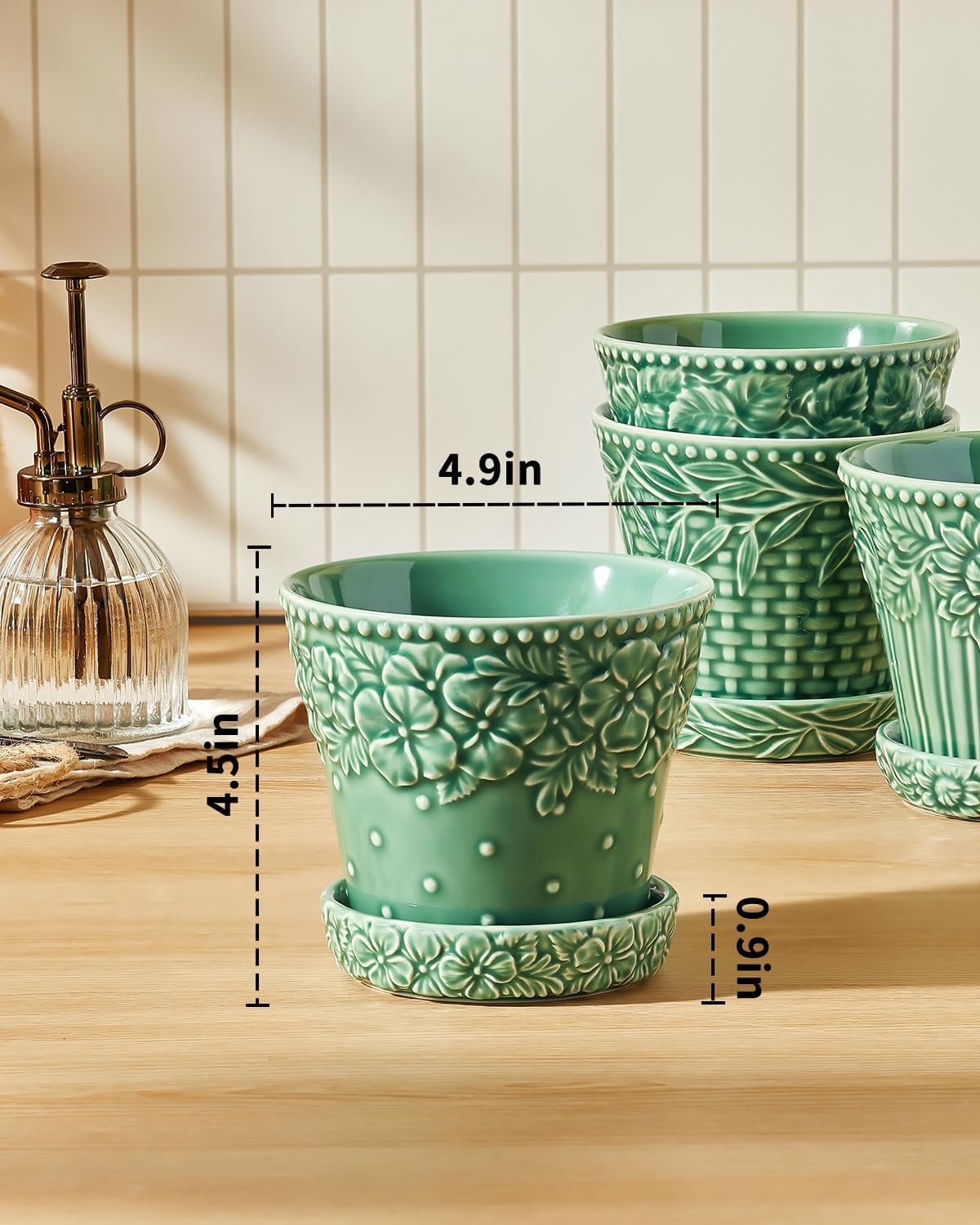 Metahom Ceramic Plant Pots, 4.9 Inch Flower Pots with Drainage Hole & Saucer, Decorative Planter Pots for Indoor