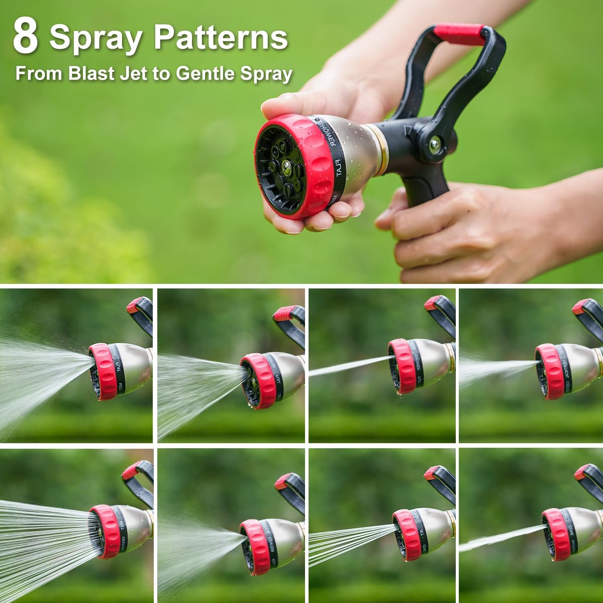 FANHAO Fireman Style Garden Hose Nozzle Heavy Duty Metal, 8 Spray Patterns | Large Lever Control, Non-Slip Ergonomic