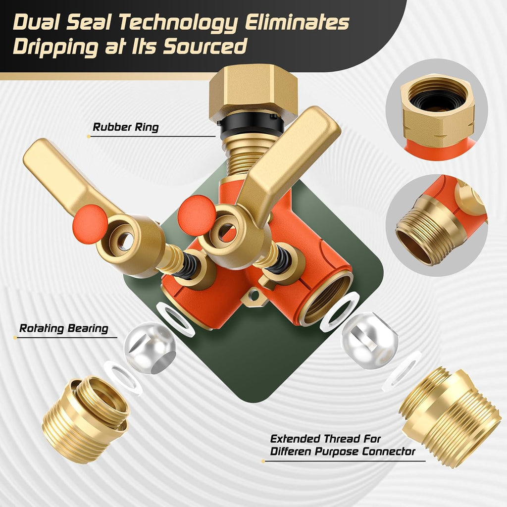 Hose Splitter 2 Way Heavy Duty, Garden Hose Splitter- Full Metal Body Y Type with Dual Shut Off Valves, 3/4" Standard