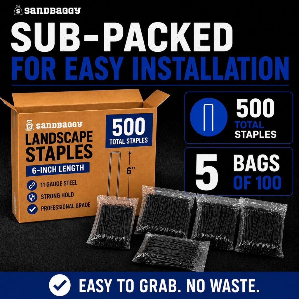 Sandbaggy 6 Inch Landscape Staples, 500 Pack 11 Gauge Heavy Duty Steel Garden Staples, Square Top U Pins for Weed