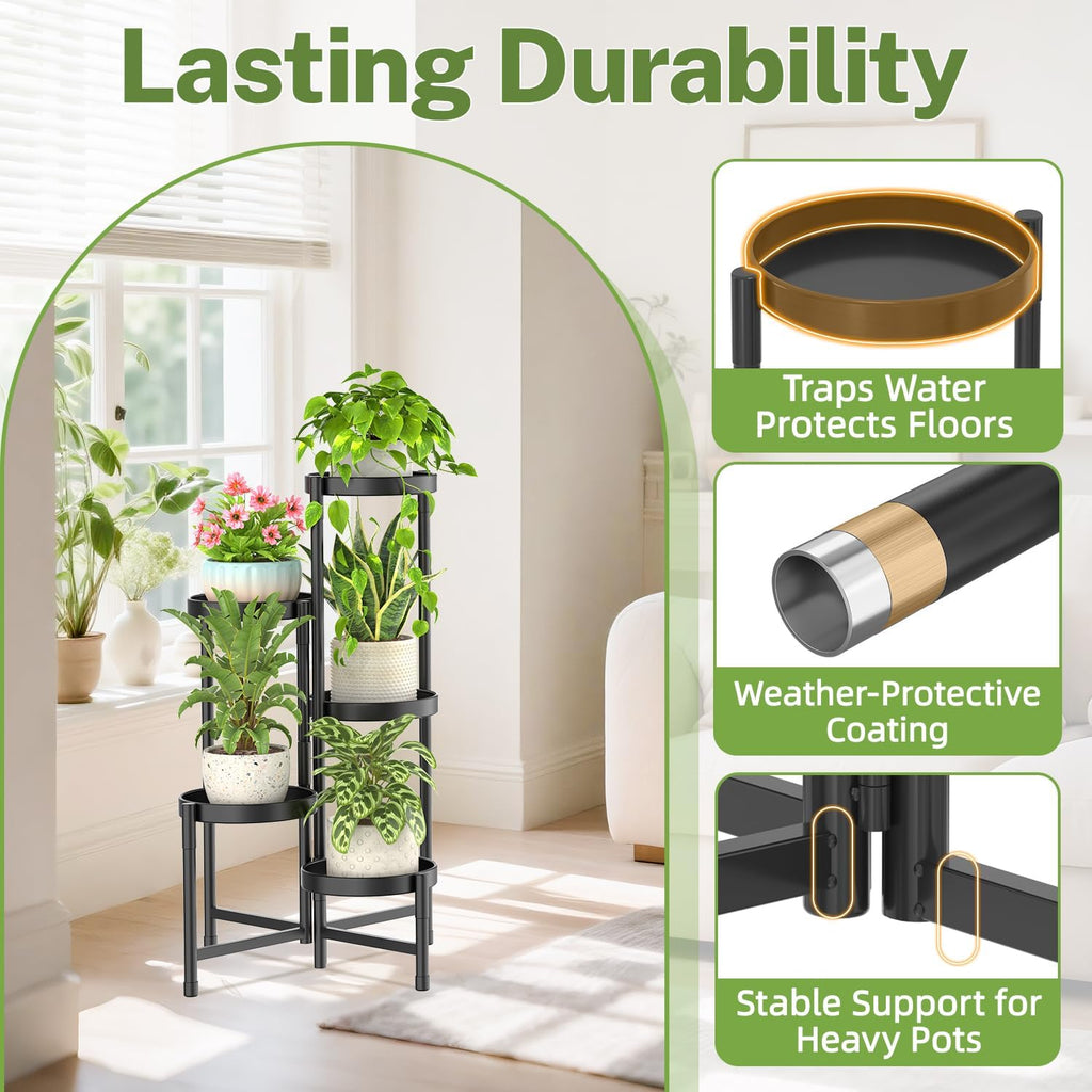 iDavosic.ly Plant Stand Indoor Outdoor, 5 Tier Metal Corner Shelf, Black | Tiered Flower Display Holder, Folding Multi