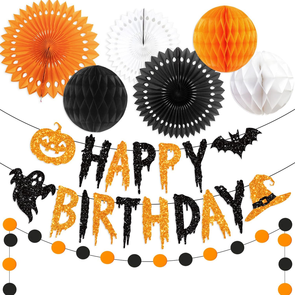 Halloween Birthday Decorations Banner with Honeycomb Ball Hanging Tissue