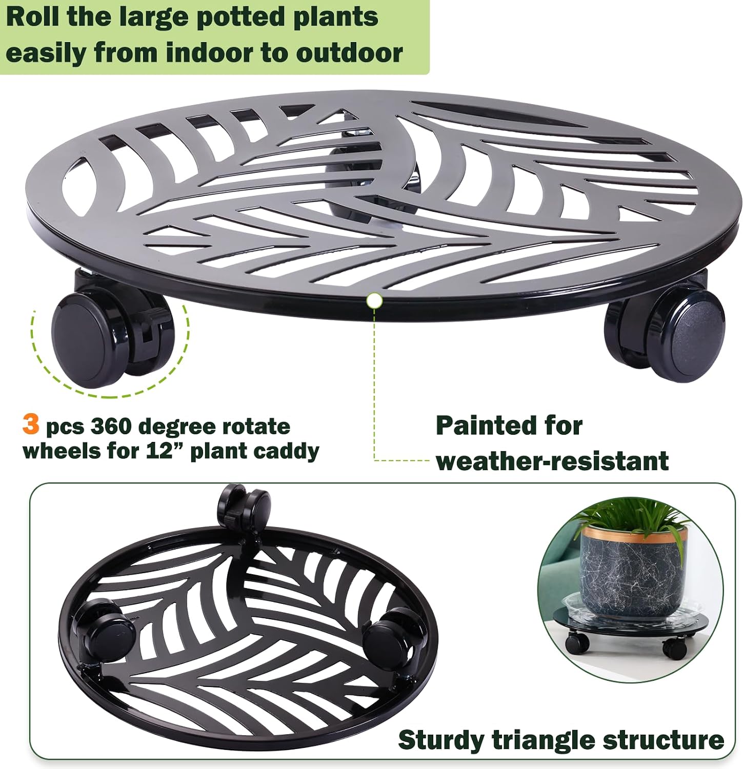 2 Packs Large Metal Plant Caddy with PU Wheels 12" Heavy-Duty Wrought Iron Rolling Plant Stands Indoor Outdoor Wheeled