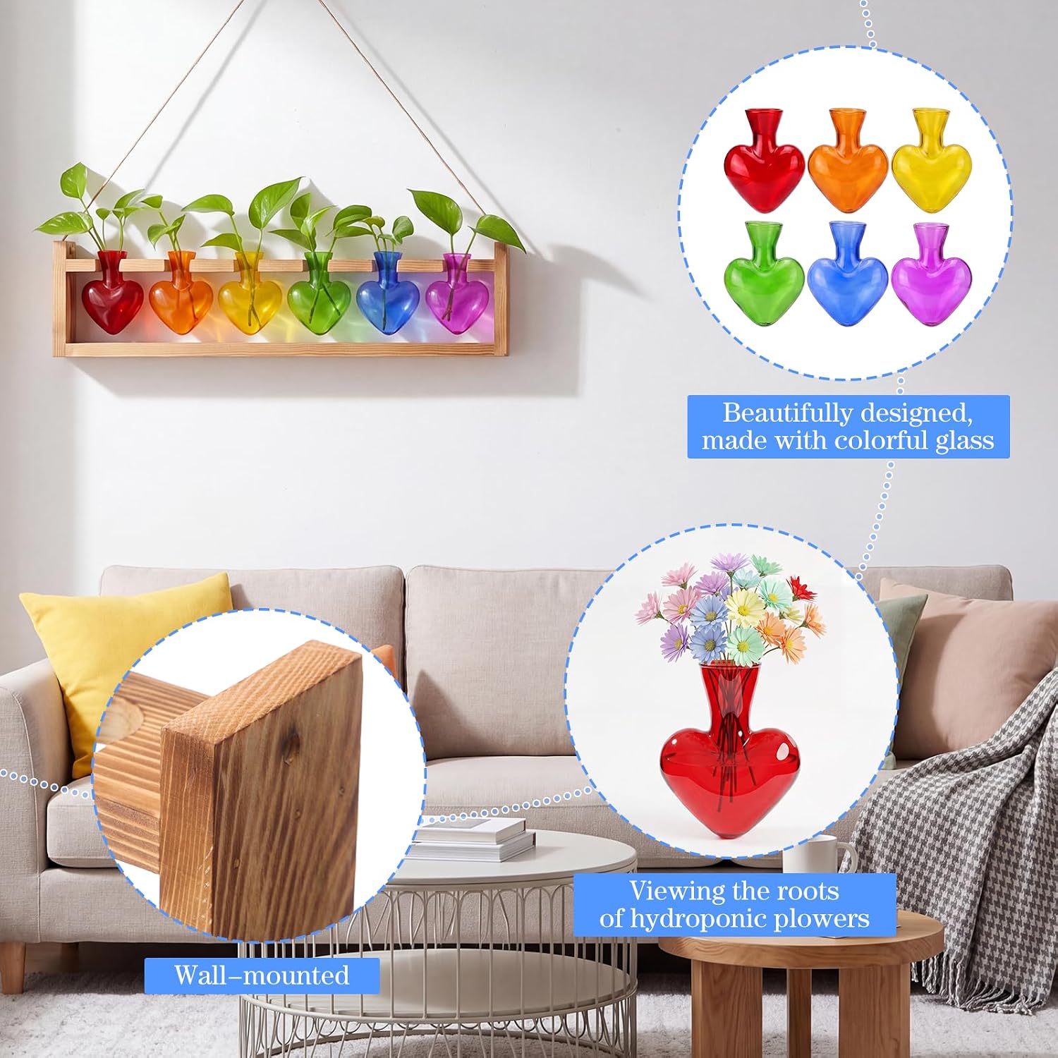Rainbow Party Decoration Colorful Plant Terrarium with Wooden Stand 6 Heart Glass Vases Planter Propagation Station