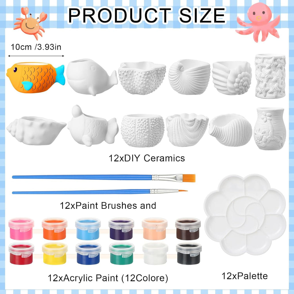 Hushee 12 Sets Ceramic Succulent Pots to Paint with Drainage | Paintable Succulent Plant Pots, 12 Styles, Small DIY