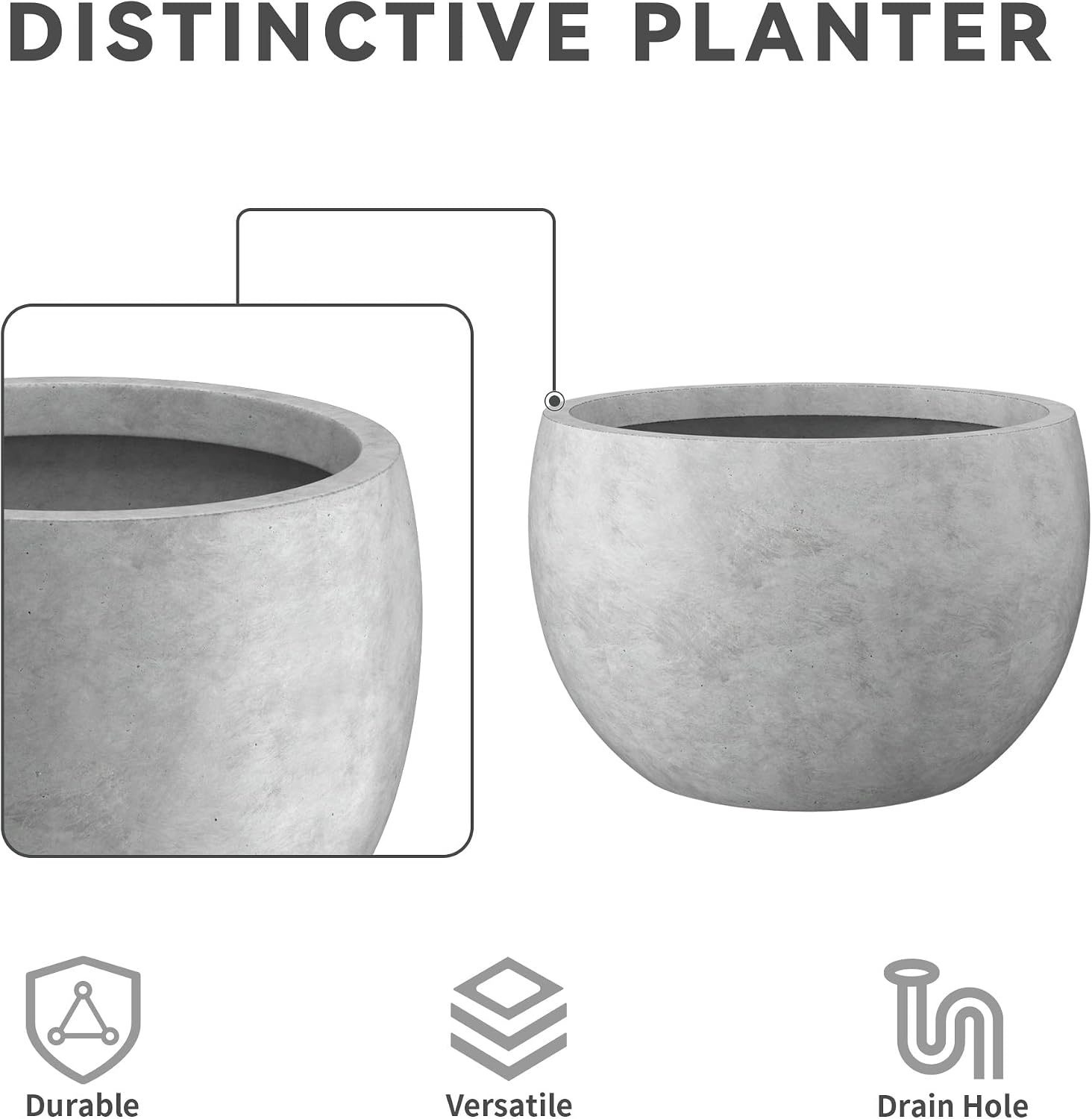 Kante Small Round Bowl Pale Gray Concrete Planter 11.8" Dia, Outdoor | Rubber Plug for Indoor, Drainage for Garden
