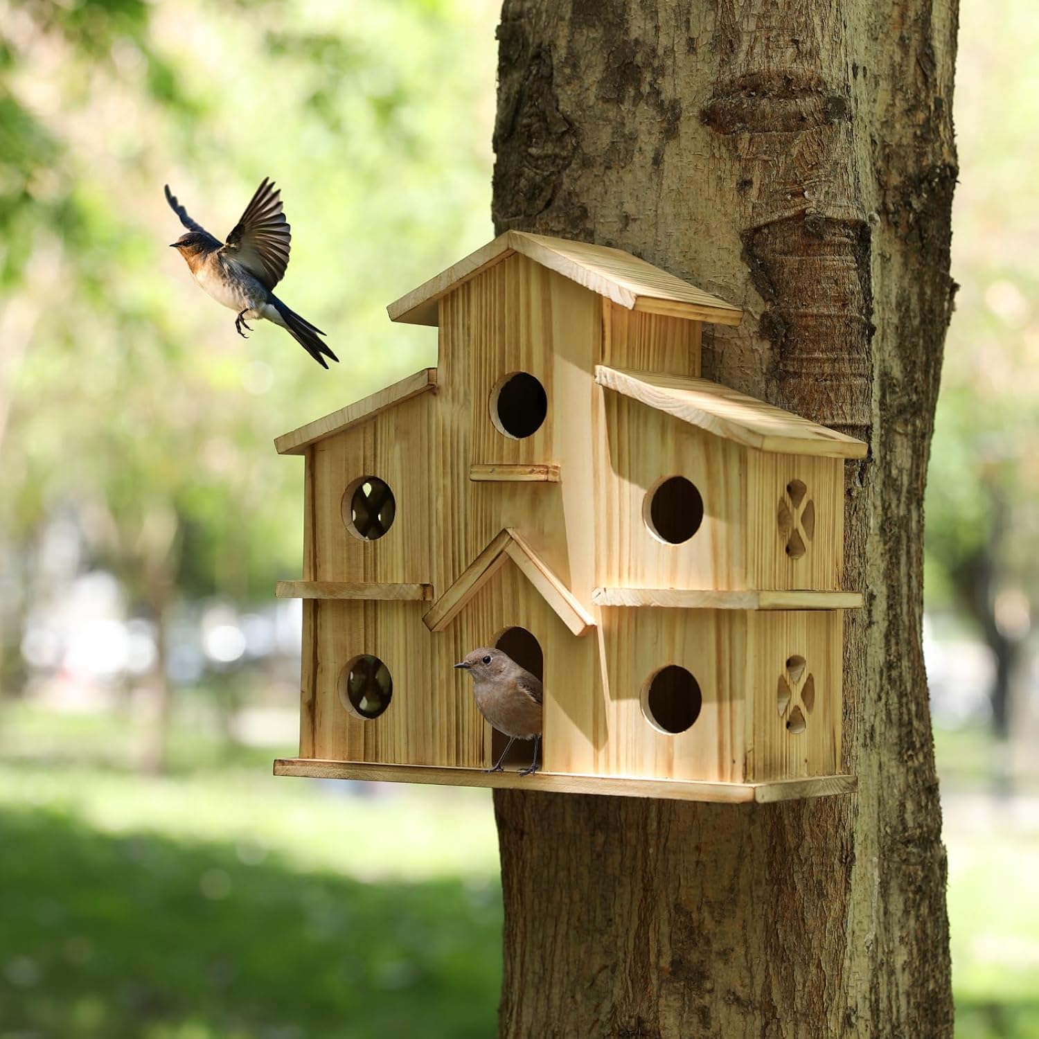 Bird Houses for Outside, 6-Holes Multi-Chamber Birdhouse for Finches Wrens Chickadees, 1.37" Entrance Holes, Decorative