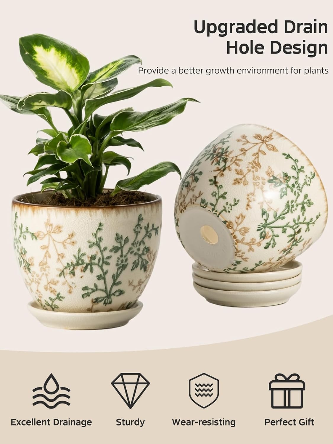 Ceramic Plant Pots, Nursery Pots with Drainage Hole, 3.5 Inch Succulent Pots for Plants, Small Indoor Flower Pots