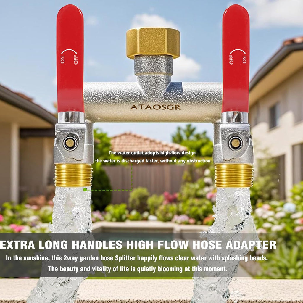 Garden Hose Splitter, 2 Way Heavy Duty Outdoor Faucet Splitter, Extra Long Handles High Flow Hose Adapter,with Shutoff
