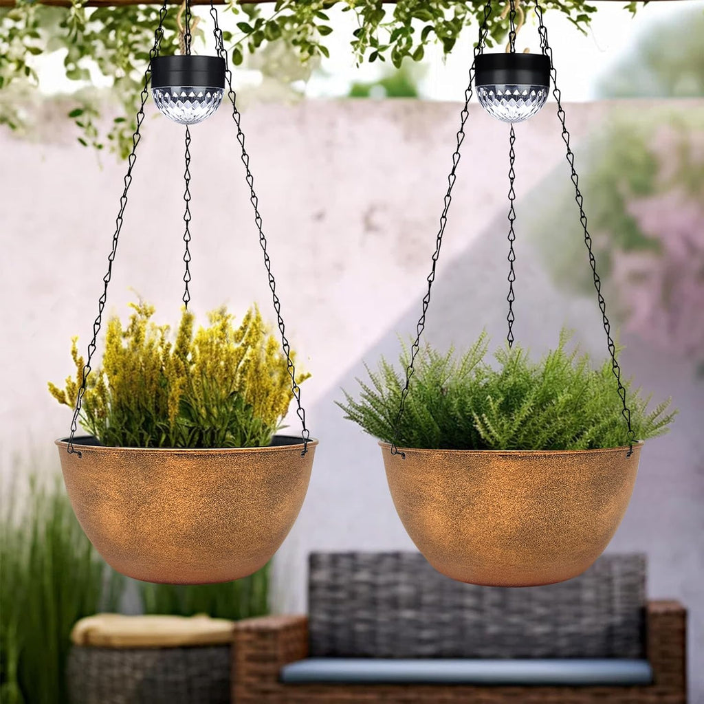 SUNNYPARK 2 Pack Solar Hanging Planters for Plants Outdoor | Self Watering, Bronze Flower Pots with Solar Light