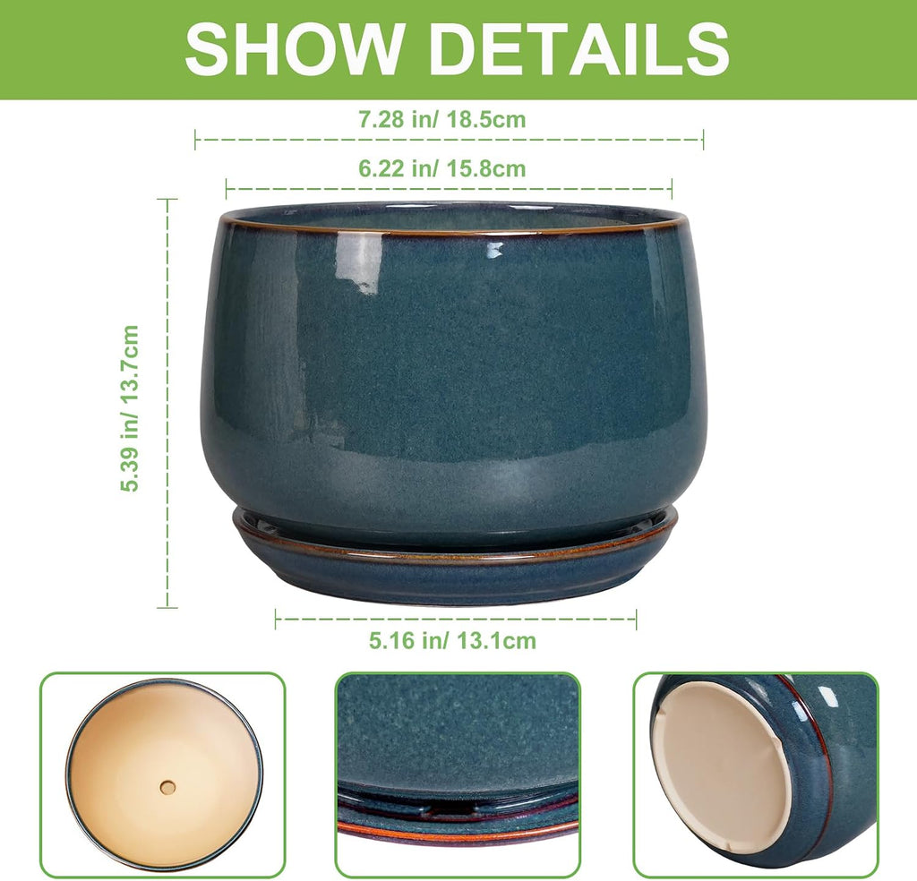 G EPGardening Ceramic Pot for Plants - Modern 7 Inch Round Planter with Drainage and Tray Indoor Outdoor for Flower
