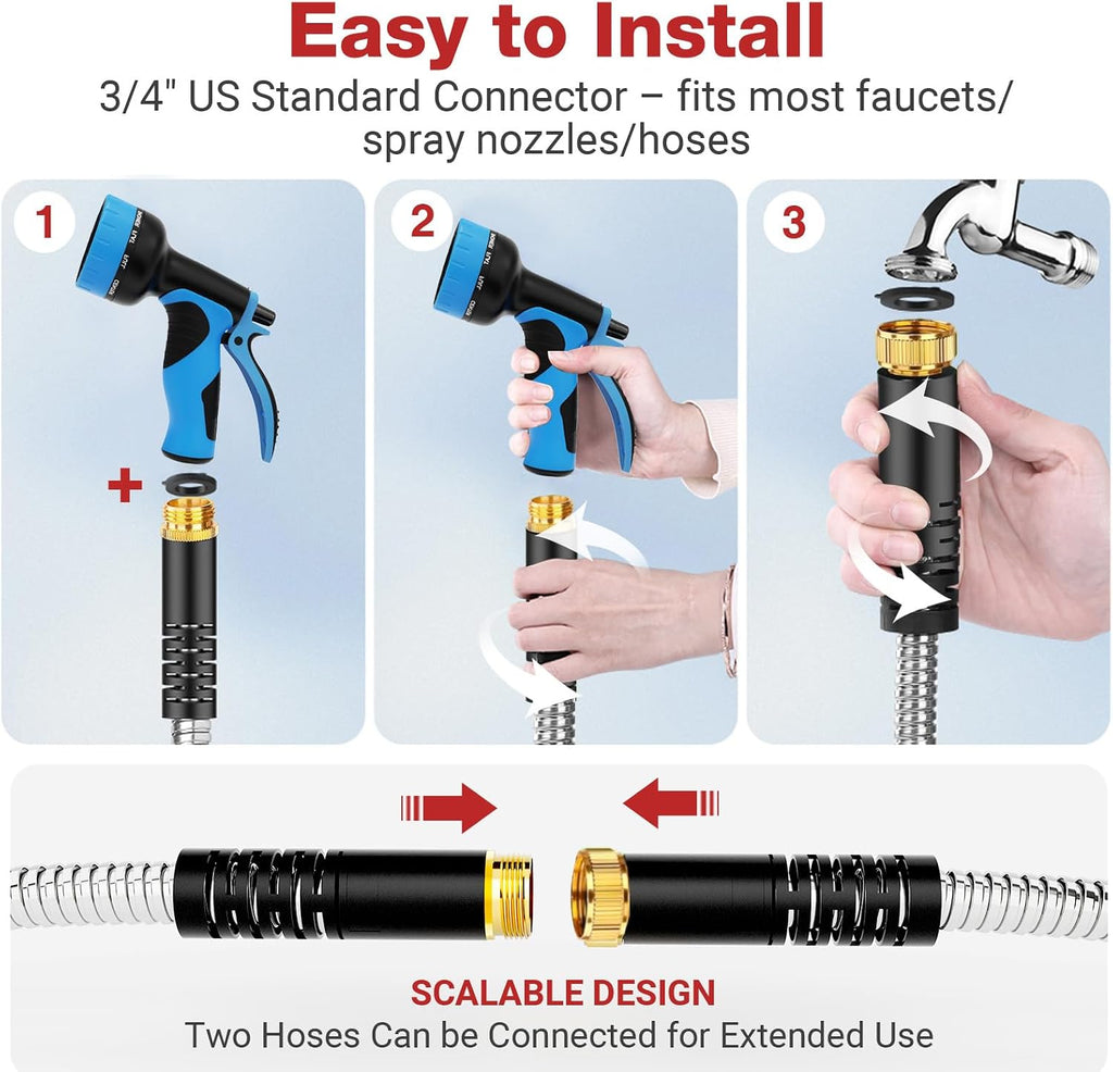100ft Metal Garden Hose - Heavy Duty 304 Stainless Steel Flexible Water Hose, No Kinks & Leak-Proof with Upgraded