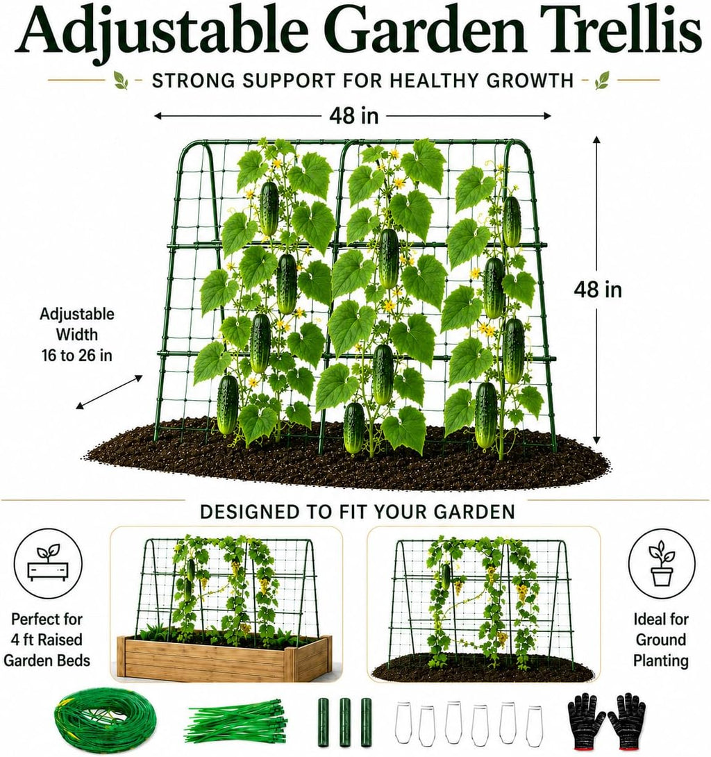 FOLLOOK Cucumber Trellis for Raised Garden Bed, 48x48inch, Green | Rustproof Metal Garden Arch Trellis for Climbing