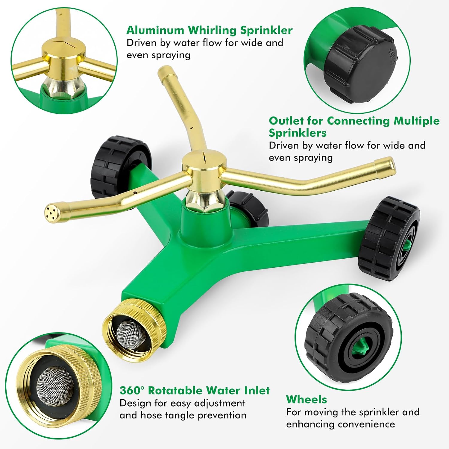 RESTMO 3-Arm Metal Sprinkler with Wheel Base | 360 Degree Automatic Rotary Lawn Sprinkler System for Garden Plant