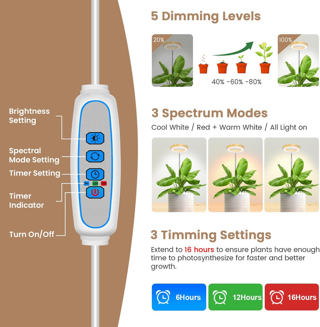 Kullsinss 3.5in Halo Plant Lights for Indoor Growing, 48 LEDs Full Spectrum | Wood Grain Grow Light with Base, 6/12/16H