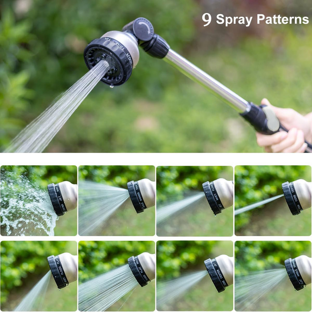 FANHAO 16-Inch Metal Watering Wand, Heavy Duty Garden Hose Wand with 9 Spray Patterns, 180° Rotating Long Hose Nozzle
