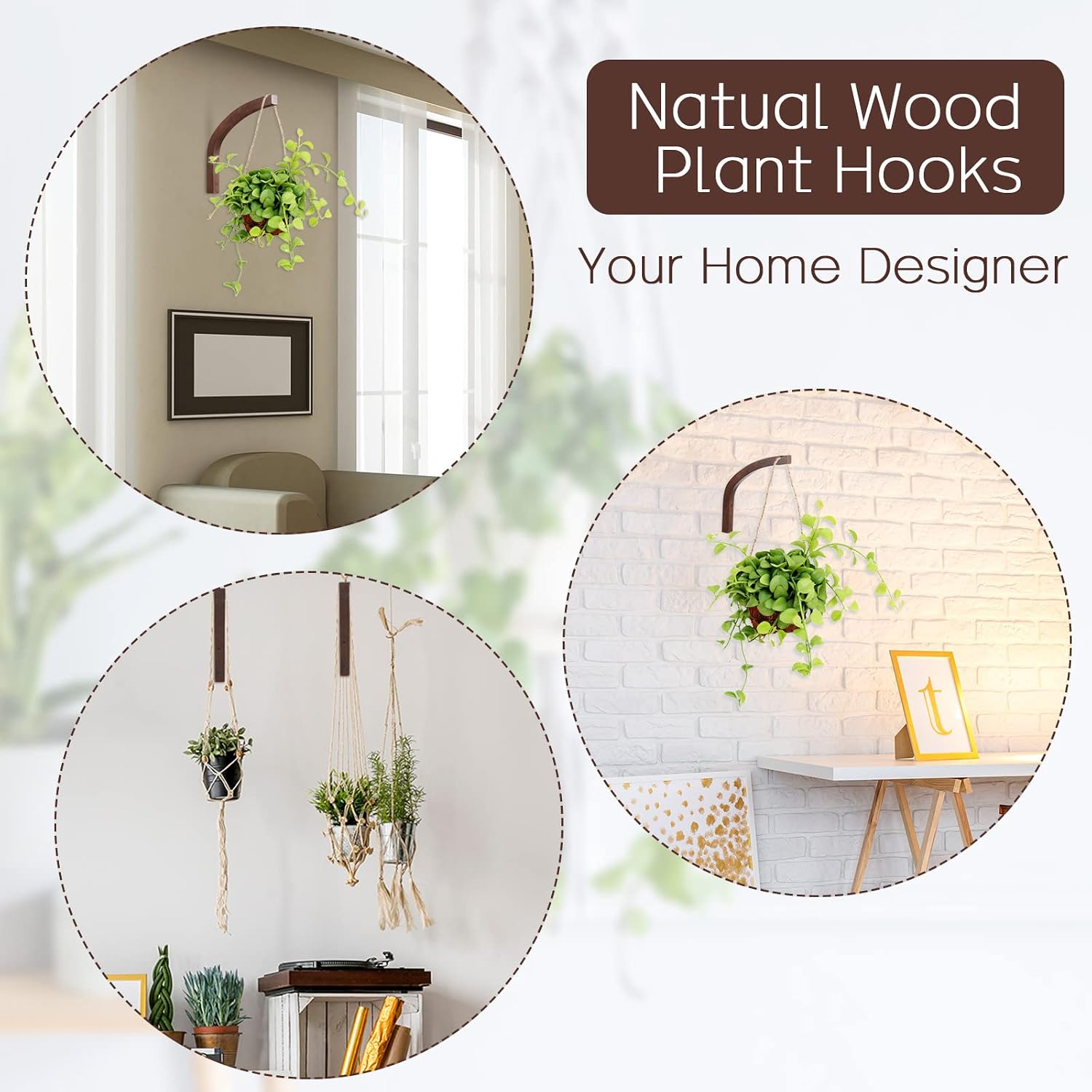 4 Pack 8 Inch Wooden Plant Hanger Wall Mount, Plant Hanging Bracket Hook for Indoor Outdoor, Hanging Bracket for Flower