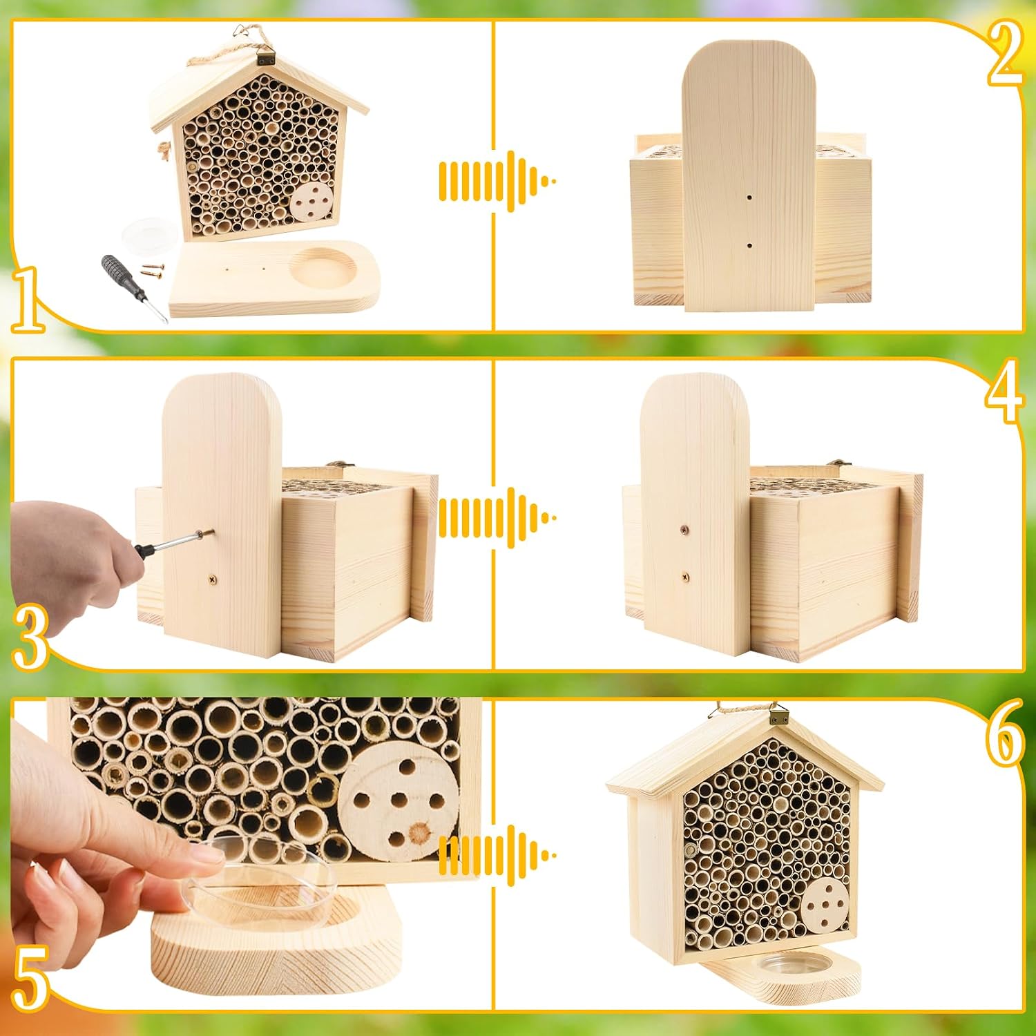 Mason Bee House with Feeding Trays, Natural Pine Wood Hanging Bee Hive | Insect Hotel for Garden Backyard, Outdoor